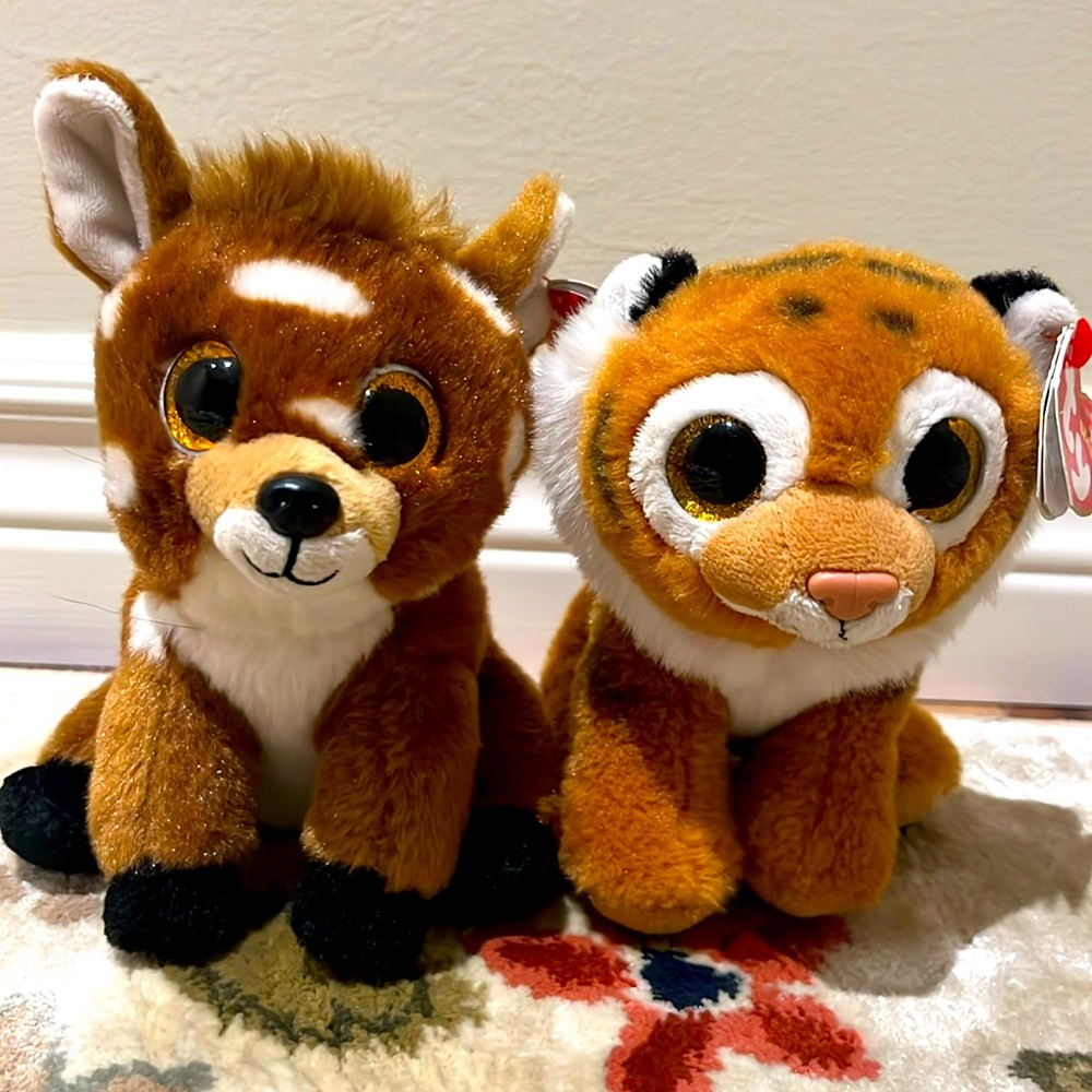 Two beanie boos: Buckley the deer and Tiggs the tiger